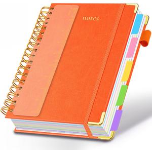 Hardcover Spiral Notebook 8"x10" Journal Notebook with Tabs and Removable Dividers 300 Pages 5 Subject Notebook College Ruled, Faux Leather Spiral Bound Notebook for Women School Work (Orange)