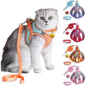 JSXD Cat Harness,Leash and Collar Set,Escape Proof Kitten Vest Harness for Walking,Easy Control Night Safe Pet Harness with Reflective Strap and Bell for Kitten,Fit for Puppy,Rabbit (Medium (Pack of 1), Orange/Blue)