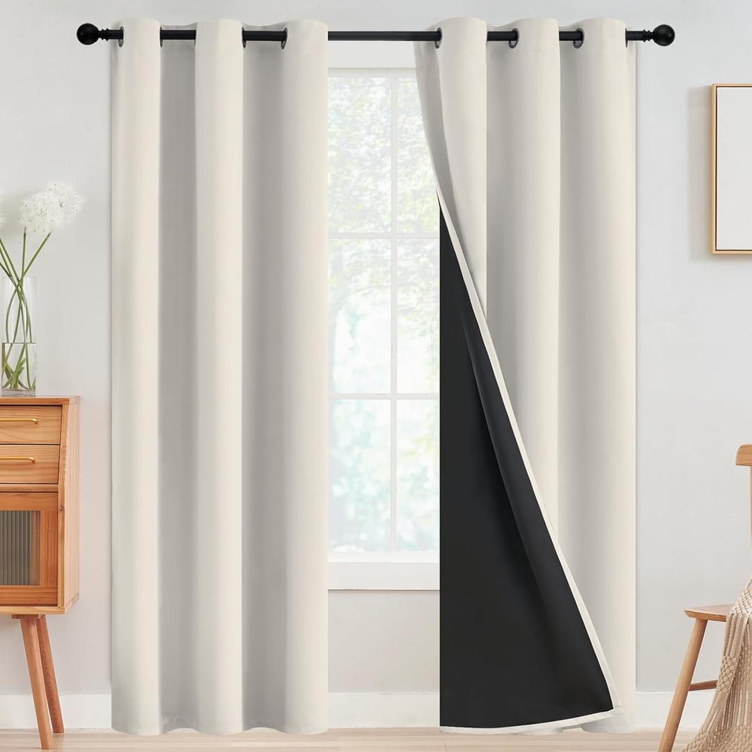 SimpleHome 100% Blackout Curtains for Bedroom, Thermal Insulated Cream Grommet Window Drapes Room Darkening Curtains for Living Room with Black Back,42 x 72 Inch, 2 Panels