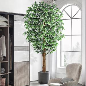 7ft Large Ficus Artificial Trees with Natural Curved Trunks, 84" Tall Lush Faux Tree for Home Decor Indoor, Green Lifelike Fake Ficus Tree 1pcs