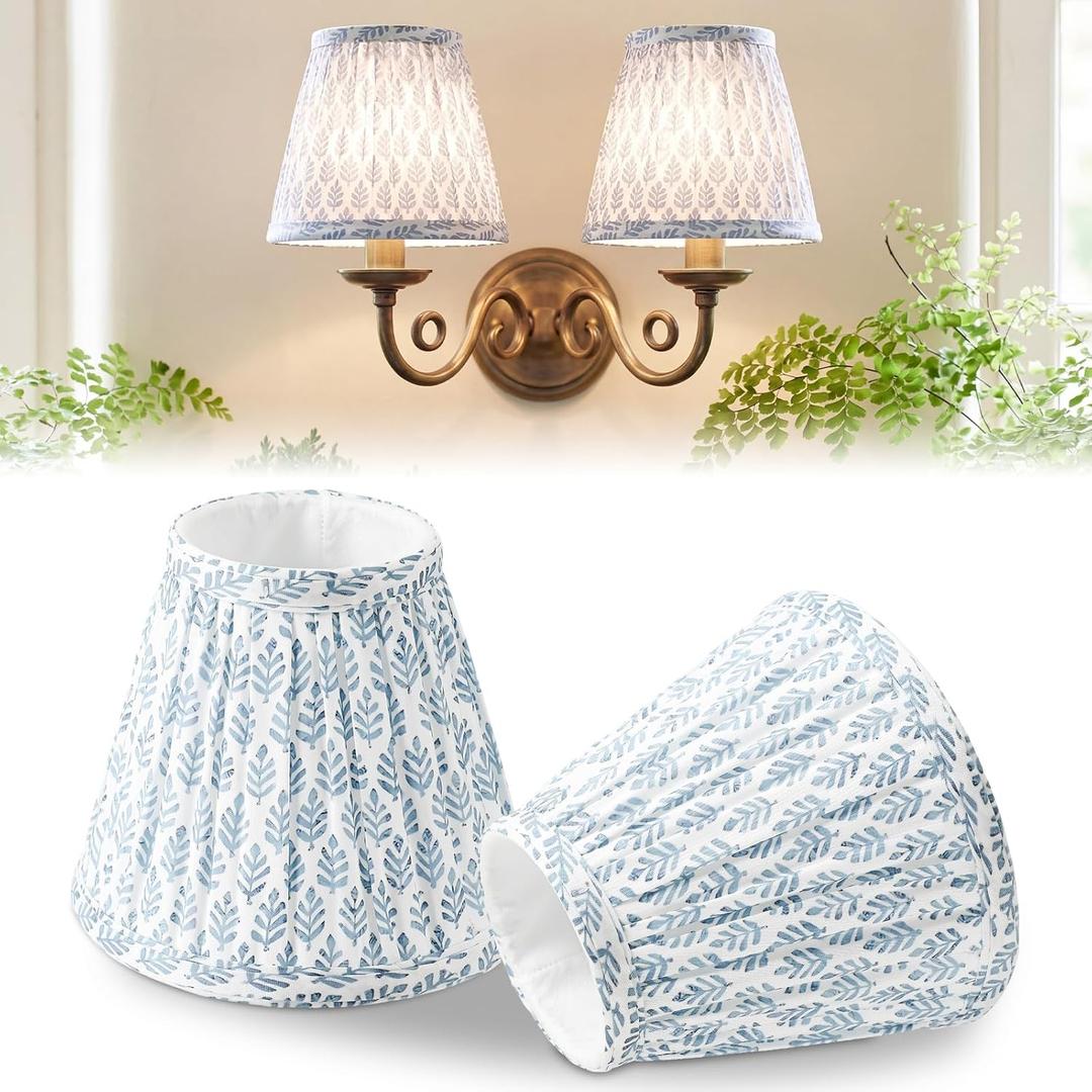 VIHOSE Small Pleated Lamp Shades Set of 2 Blue Tree Slant Small Sconce Lampshades Clip on Bulb 3" Top x 5.5" Bottom x 4.7" Classic Pleated Style Bulb Cover for Wall Sconces Pendant Lighting Chandelier
