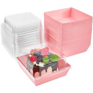Kucoele 50 Pack Small Charcuterie Boxes with Clear Lids, 4 Inches Paper Bakery Boxes Dessert Boxes Disposable To Go Food Containers for Cookie, Cake Slice, Mini Cake, Chocolate Strawberry (Pink)