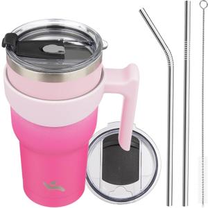 30 oz Tumbler with Handle and 2 Straw 2 Lid, Insulated Water Bottle Stainless Steel Vacuum Cup Reusable Travel Mug, Cherry (Sakura)