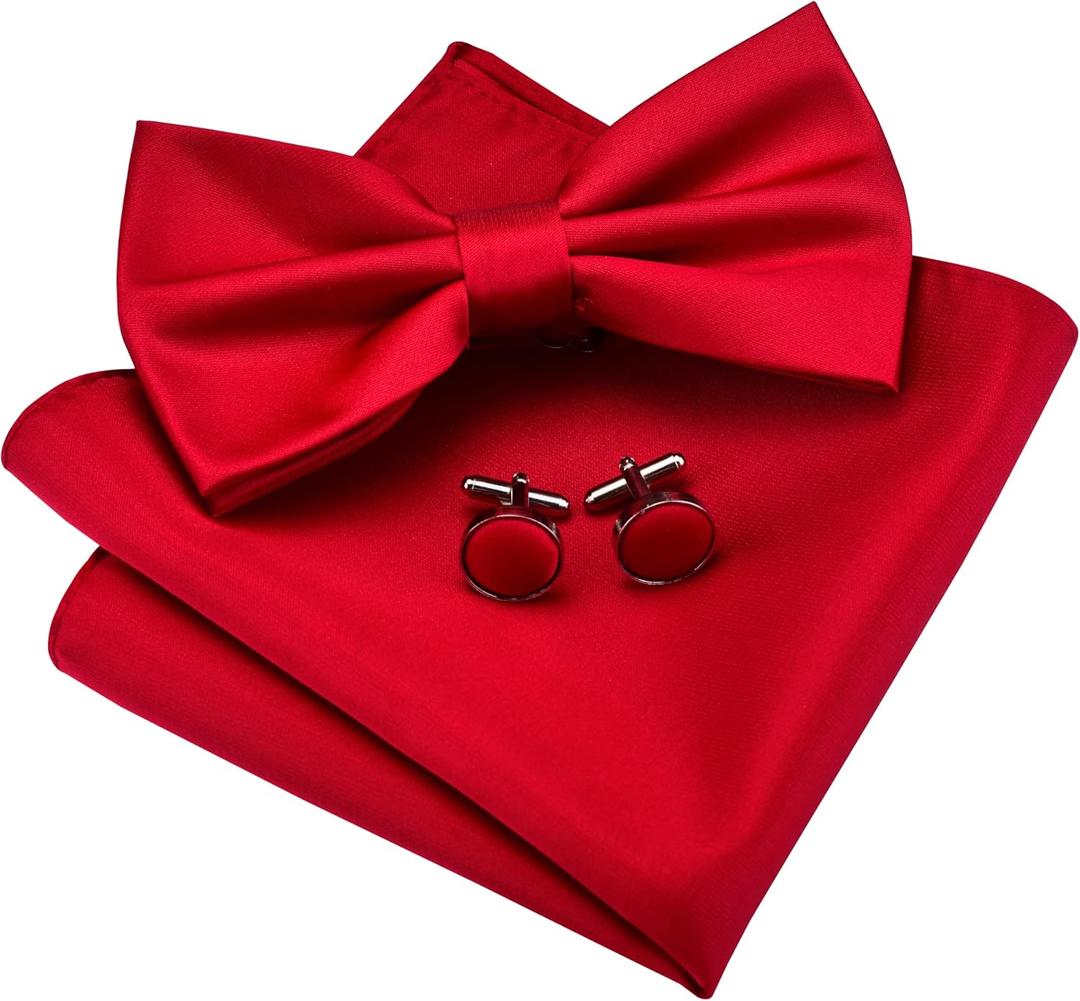 GUSLESON Mens Solid Color Double Fold Pre-tied Bow Tie and Pocket Square Cufflink Set with Gift Box