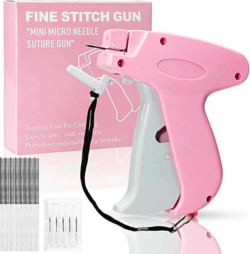 Stitch Gun for Clothes, Handheld Quick Clothing Fixer Sewing Kit with 1000 Black & 1000 White Fasteners, 6 Replacement Needles, Pink