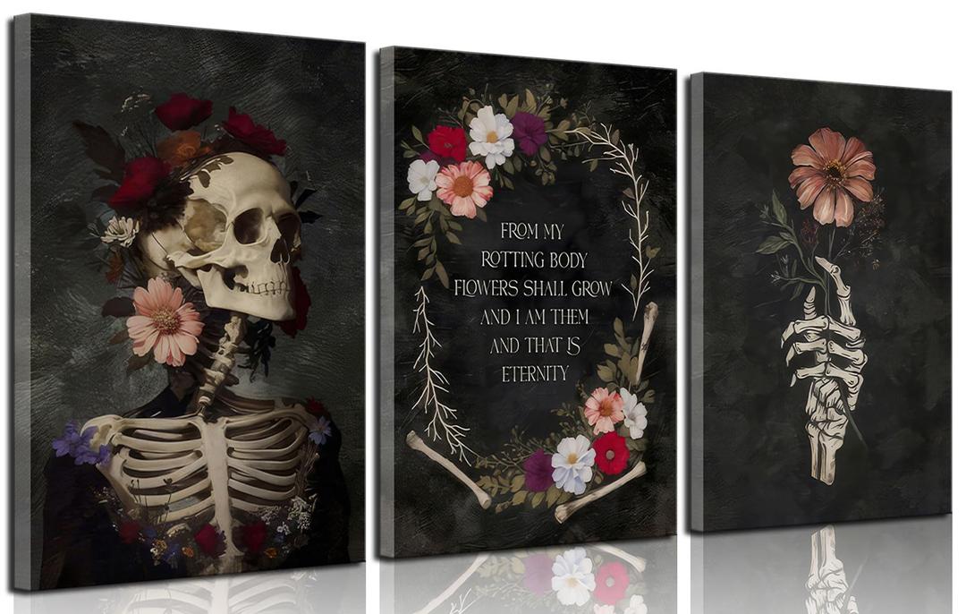 3Pcs Gothic Romantic Skull Canvas Wall Art Dark Academia Moody Flowers Wall Decor Pictures Halloween Room Aesthetic Posters Prints for Bedroom Gallery Home Decoration 16x24in