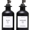 HOMCDALY Olive Oil Dispenser for Kitchen, 11.8oz Glass Kitchen Dispenser Bottle, Black Oil&Vinegar Cruet Set, Leakproof Olive Oil Bottles | Set of 2 (11.8oz  Black) (Black&Black Spout+Tray)