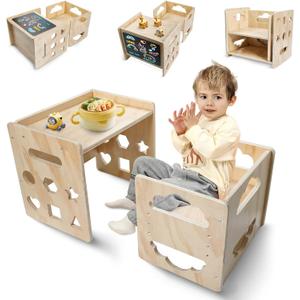 Montessori Weaning Table and Chair Set, Wooden Toddler Table and Chair Set Kids Activity Table Step Stools with Blackboard & 3 Heights Adjustable, 1-3 Age Kids Funiture for Eating Drawing Reading (Big Size)