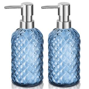 SDlumeiy 16 oz Diamond Pattern Glass Soap Dispenser, Kitchen and Bathroom Refillable Soap Dispenser with Rust Resistant Stainless Steel Pump for Hand Soap, Lotion Glass Liquid Dispenser(Blue - 2 Pack)