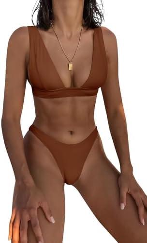 Bathing Suits for Women Deep V Neck Sexy Two Piece Bikini Sets for Women Thong Halter Cheeky Swimsuit, M
