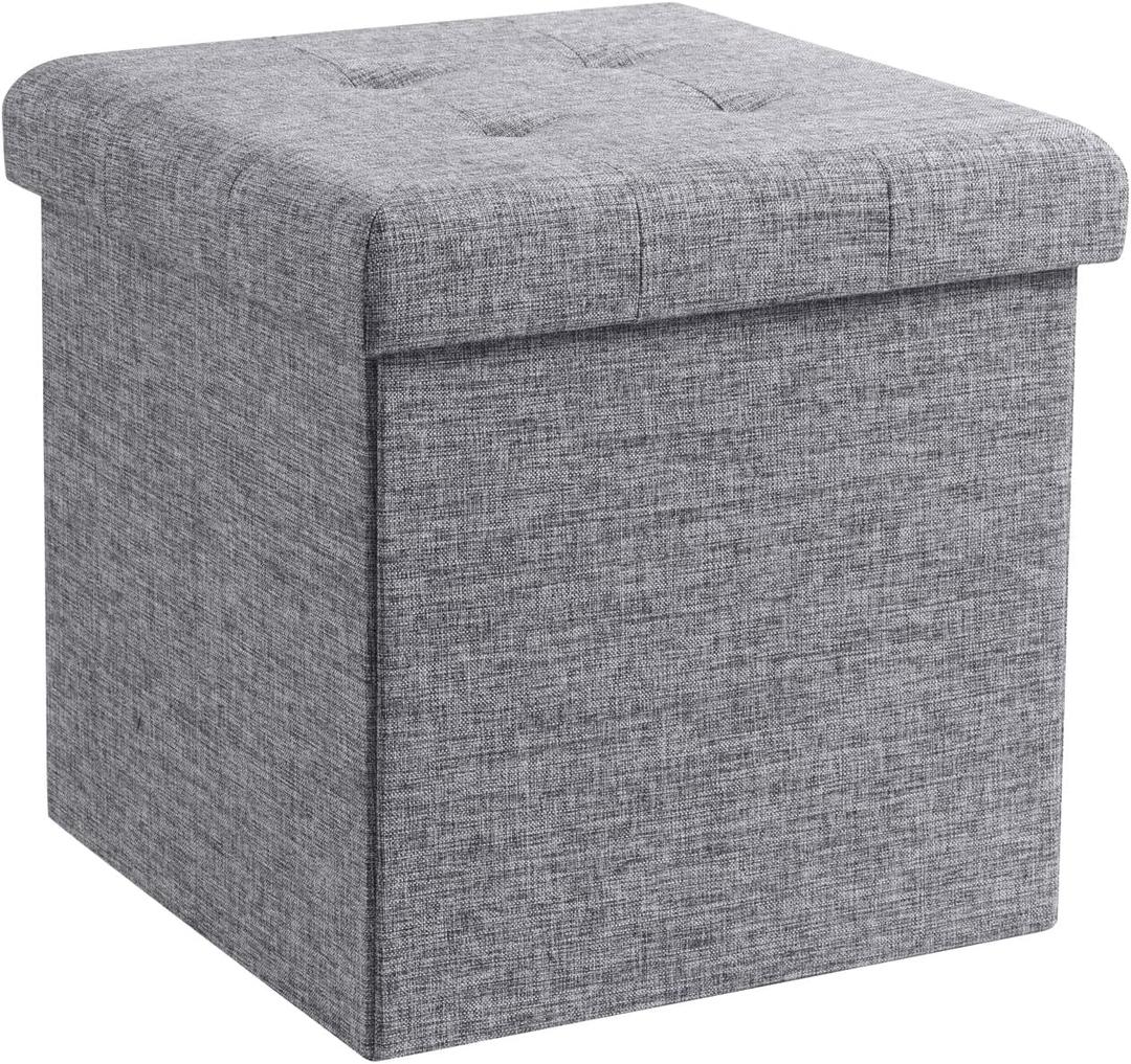 Ornavo Home Foldable Tufted Linen Storage Ottoman Square Cube Foot Rest Stool/Seat - 15" x 15" x 15" (Grey)