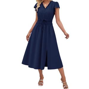 Angashion Womens Summer Midi Dresses Casual V Neck Cap Sleeve Empire Waist Elegant 2026 Flowy Solid Long Dress with Pockets NBL M Navy Blue (Blue, M)