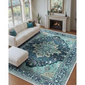 Area Rugs 9'x12' Washable Non-Slip, Floral Vintage Distress Print Pattern Medallion Carpet for Living Room Bedroom Dining Room, Teal Green Lake Blue Turquoise 