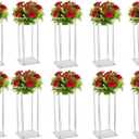 10 Pcs Acrylic Clear Vases for Wedding Centerpieces, 23.62in Tall Flower Stand, Engagement Home Party Table Decor Centerpiece Vases, Rectangular Acrylic Flower Stand with 50 Pcs Gold Napkin Rings