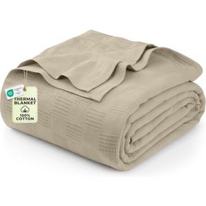 Utopia Bedding 100% Cotton Thermal Blanket Khaki Queen Size Soft, Lightweight, Breathable, Cozy Spring and Summer Blankets for Bed, Home Room Decor Gifts for Women and Men (90x90 Inches)