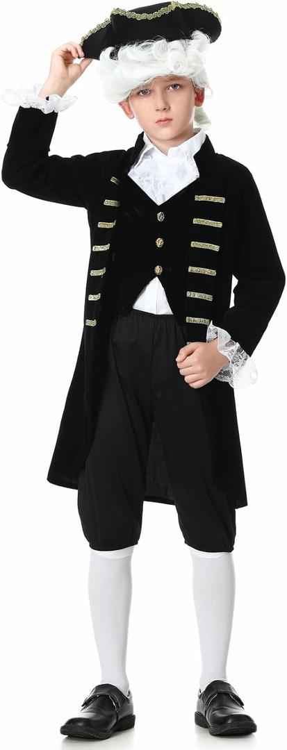GRAJTCIN Kids Colonial Costume for Boys Kids Historical Halloween Costume 6 PCS Set (L (7-8 Years), Black)