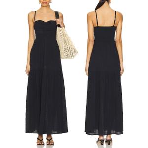 Capuffy Women's Adjustable Spaghetti Straps Smocked Maxi Dress Tiered Skirt Pleated Boho Summer Dress Long Beach Sundress 379 (Black)