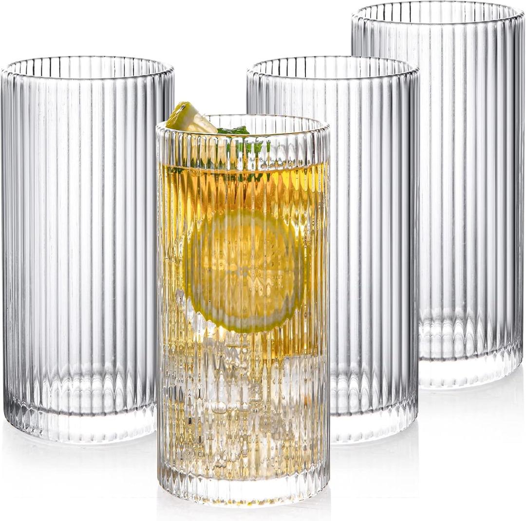 Glass Cups Vintage Glassware Set of 4 Large, Origami Style Transparent Cocktail Glasses Set, Bar Beverages Ice Coffee Cup Juice Ripple Drinkware, Fluted Design