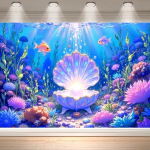 7x5FT Mermaid Backdrop Under The Sea Party Decorations, Underwater Ocean Scene with Giant Shell & Pearl, Coral Reef Fish Aquarium Background for Photography Kids Birthday Baby Shower