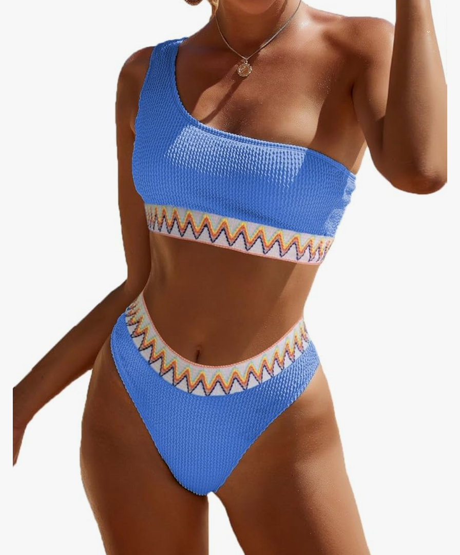 YIMISAN Women's Ribbed Bikini Sets One Shoulder Top with Mid Waist Two Piece Bathing Suit, XS