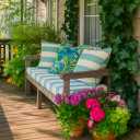 Outdoor Throw Pillow with Insert 18x18 Inch, Set of 2, Piping Edge Waterproof Fade Resistant Decorative Fluffy Pillows for Patio Furniture Chair Bench Couch Sofa - Teal Ivory Striped