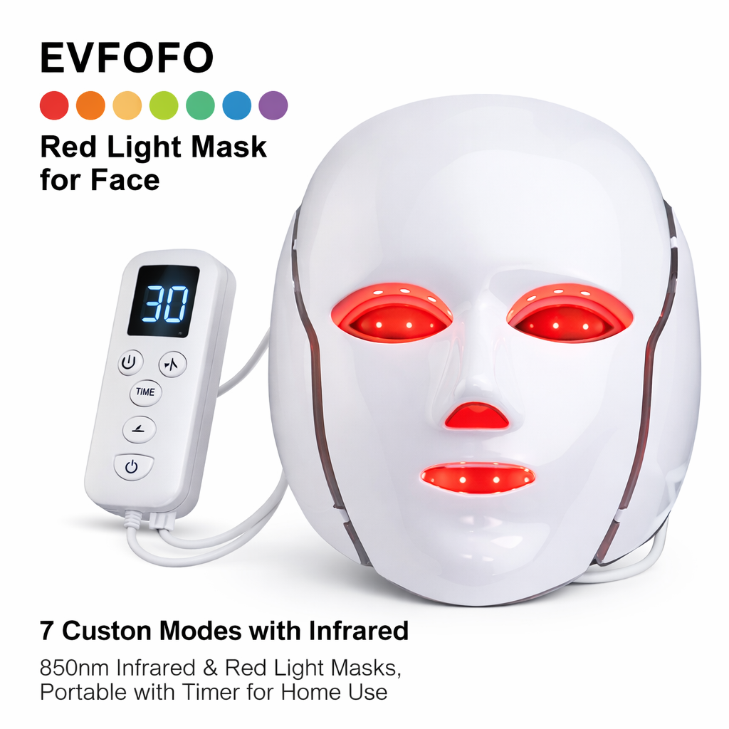 EVFOFO Red Light Mask for Face, 7 Custom Modes with Infrared, 850nm Infrared & Red Light Masks, Portable with Timer for Home Use