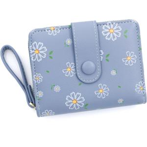 Small Wallets for Women Leather Bifold Zipper Pocket Colorful Flowers Wallet Credit Card Holder with ID Window