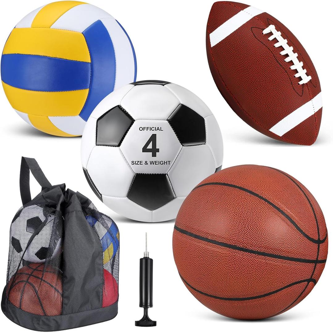 HyDren 4 Pcs Assorted Sports Balls Set for Kids Back to School Recess PE Equipment Official Size Basketball, Soccer, Football, Volleyball with Carry Bag and Pump for Outdoor Playground Gift (Brown)