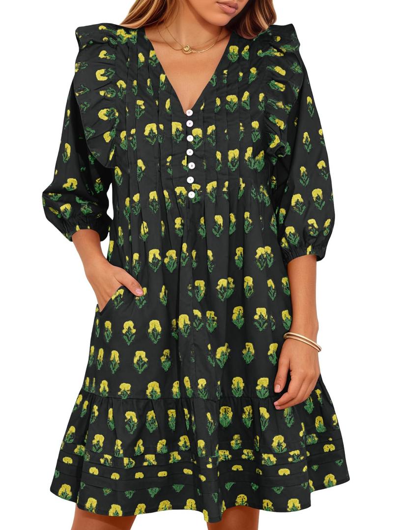 Wenrine Womens Mini Dresses Casual Ruffle 3/4 Lantern Sleeve Floral V Neck Loose Boho Babydoll Dress Black (S)
