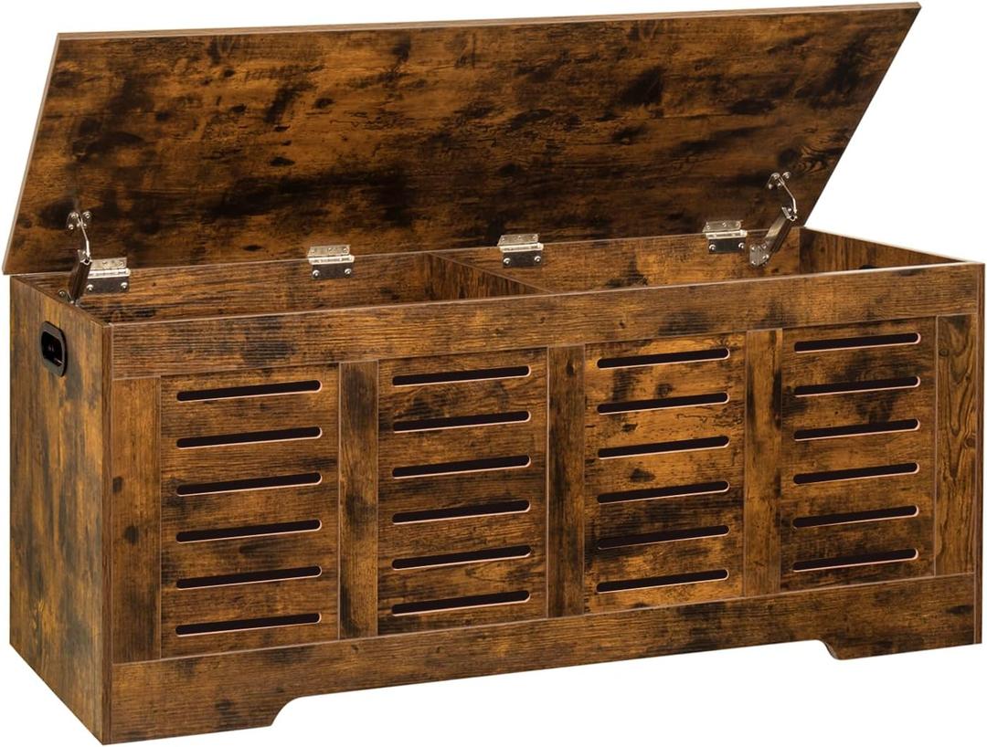 DINZI LVJ Storage Chest, 47.3 Wooden Toy Box with 2 Safety Hinges, Retro Entryway Shoe Storage Bench with Flip-Top, Sturdy Large Storage Trunk for Living Room, Bedroom, Easy Assembly, Rustic Brown