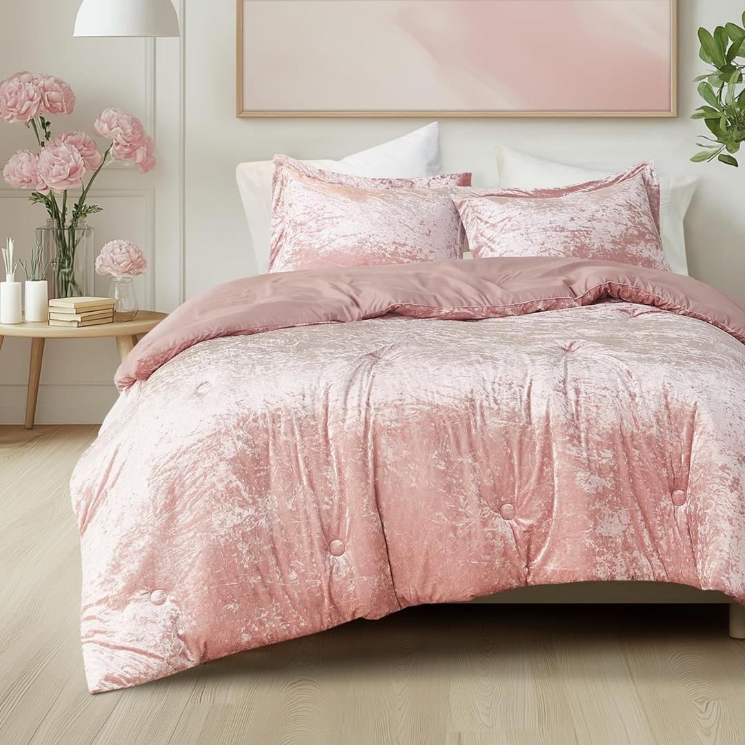 Comfort Spaces Juliette Luxe Comforter Set Velvet Lush with Soft Brushed Microfiber Reverse, All Season Cozy Velvet Bedding Sets, Fluffy Comforter Bed Set, Matching Sham, Blush King 3 Piece