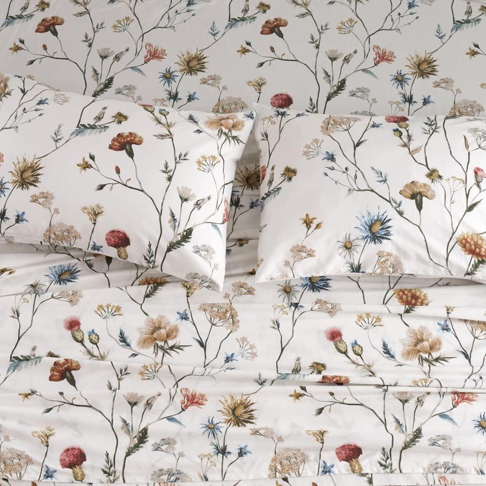 DAUAOTO 100% Cotton Bedding Printed Sheets Set for Queen Size Bed Up to 14" Deep Mattress, Floral Botanical Pattern Bedlinen Sets