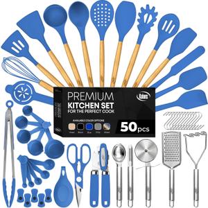 Kaluns 50 PCS Silicone Kitchen Utensils Set - Mothers's Day Gifts For Mom Wife Complete Kitchen Set 800F Heat Resistant Non-Stick Premium Silicone Cooking Utensils W Wooden Handles Gifts For Mothers (Blue)
