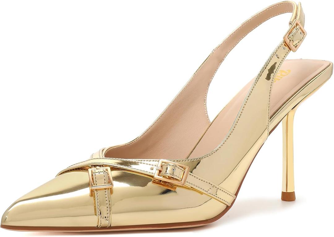 RIBONGZ Sexy Slingback Pumps Elegant Dressy Heels for Women Closed Toe Pointy High Heels Wedding Bride Prom Party Evening Shoes (8.5, Gold_buckle)