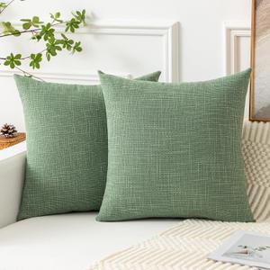 Kevin Textile Set of 2 Sage Green Pillow Covers 20 x 20 Inch Spring Farmhouse Boho Decorative Throw Pillow Covers Linen Cushion Covers for Sofa Couch Dcor