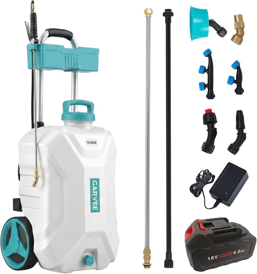 Garvee 10.5 Gallons Battery Powered Sprayer with Wheeled Cart, 18V 4Ah Electric Sprayer with 6 Nozzles & 2 Wands, 4-6 Hour Runtime, 80PSI Adjustable Pressure, Trigger Lock, Yard Sprayers for Lawn