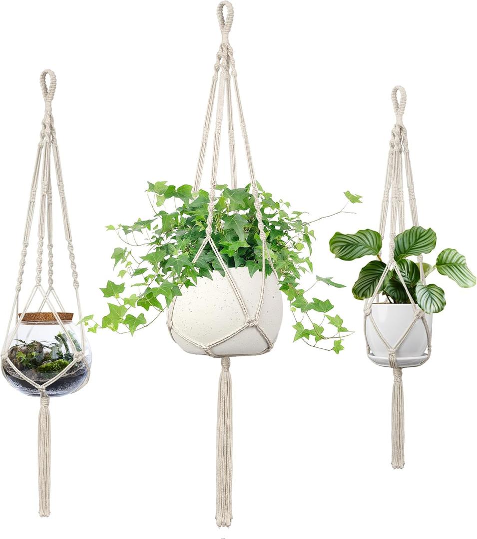 Macrame Plant Hanger - Fits 4 to 13 inches Pots for Indoor Outdoor, 34"/41"/46" 3 Sizes Set, Ivory (POTS NOT Included)
