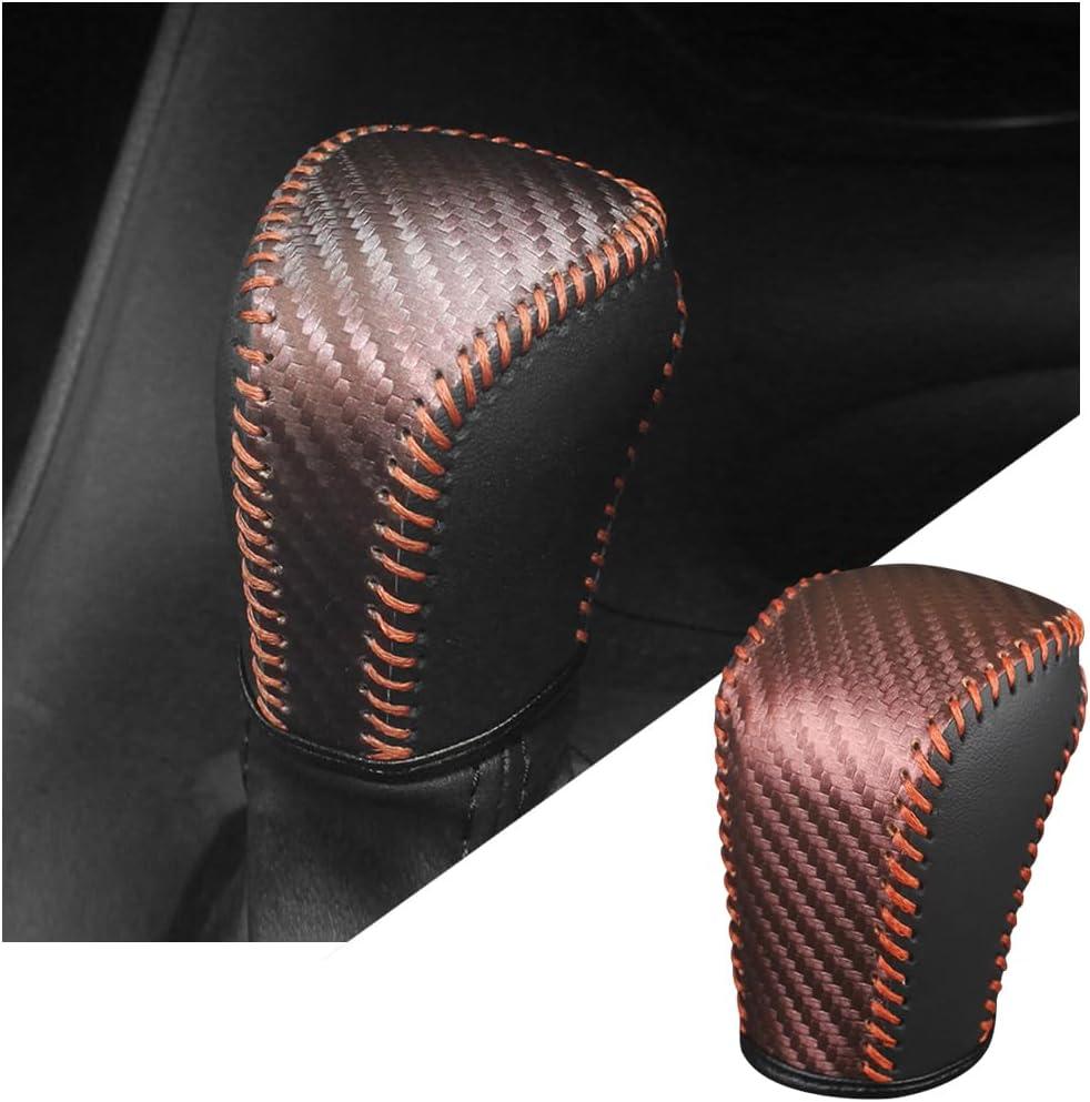 2 x Carbon Fiber Car Gear Shift Knob Cover, Leather Vehicle Stick Shifting Protector with Needle & Thread, Stylish Auto Shifter Knob Guard, Compatible with Inspire Crider Integra (Brown)
