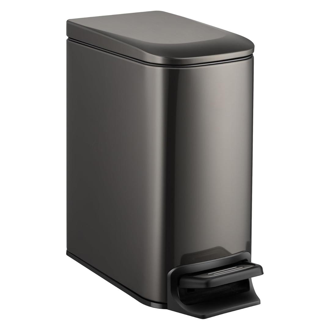 TIPGO Slim Bathroom Trash Can with Lid Soft Close, 6 Liter / 1.6 Gallon Stainless Steel Garbage Can with Removable Inner Bucket, Step Pedal, Small Trash Cans for Bedroom, Office, Kitchen (Black Gold)