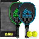 RBX Pickleball Equipment Set (2 Pack 2 Paddles, 2 Balls) Pickleball Game for Kids Premium Wooden Paddles, Ergonomic Grip Design, Durable, X-40 Outdoor Balls (Blue/Green Frame)