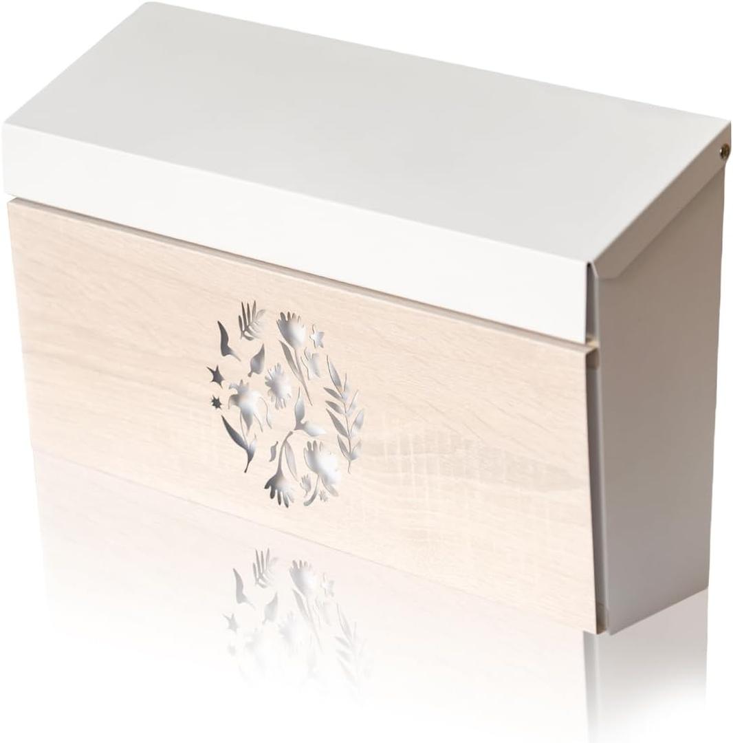 Ydocabinit Wall Mount Mailbox, Large Capacity Mailbox for House Outside, Galvanized Steel Rust-Proof Metal Post Drop Box, 15.74"9.84"4.33" Flower Hollowed Wooden Patterned Metal Sheet