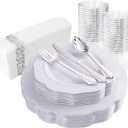 NOCCUR 175pcs Silver Plastic Plates - Silver Rim Plastic Tableware Includes 25 Dinner/Dessert Plates, 25 Forks, 25 Knives, 25 Spoons for Wedding/Party