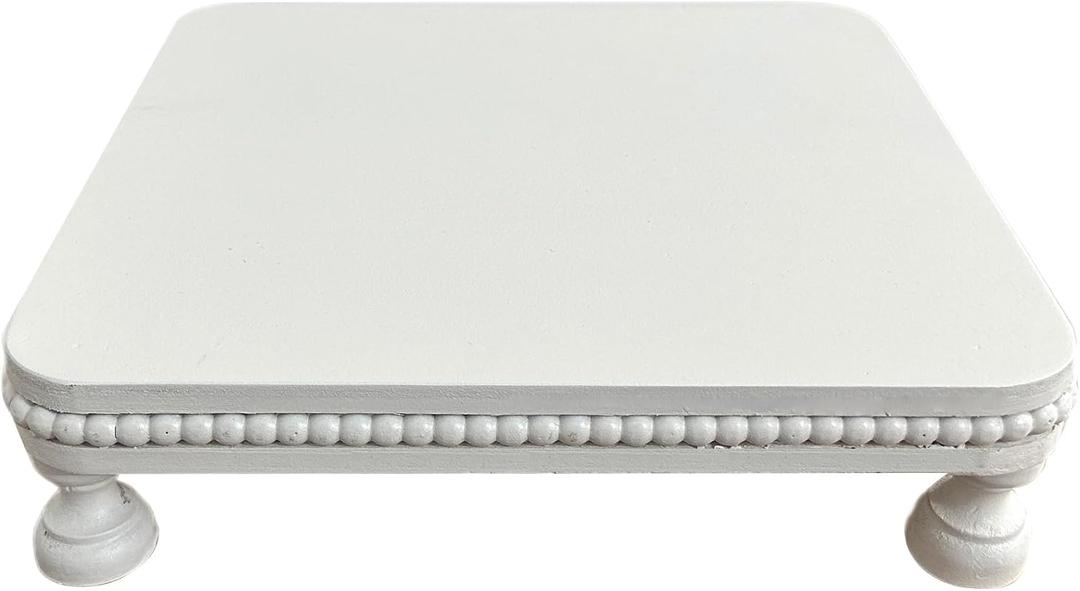 dwellington Farmhouse Display Wood Riser, 12" Decorative Beaded Pedestal Stand, Square Tiered Tray Decor for Kitcher Decor, Countertop (White)