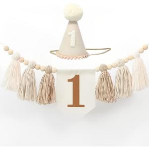 Boho 1st Birthday High Chair Banner with Cone Hat White Sand Beige Neutral First Birthday Girl Boy Baby Shower Wall Hangings Decoration