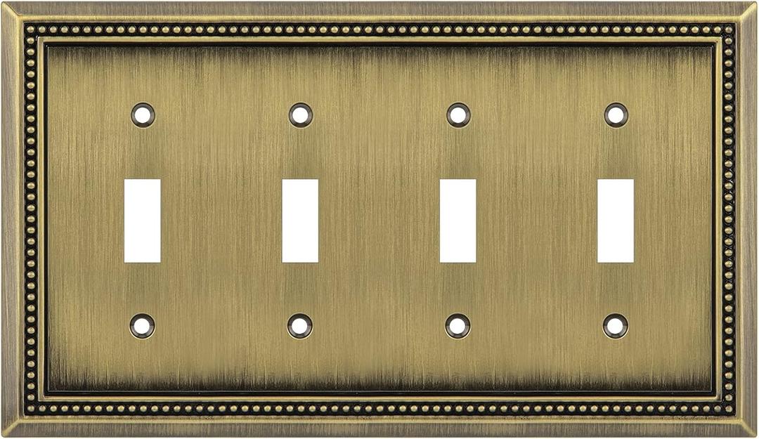 Henne Bery Sunken Pearls Heavy Duty Decorative Wall Plate Switch Plate Outlet Cover (Quad Toggle, Antique Brass)
