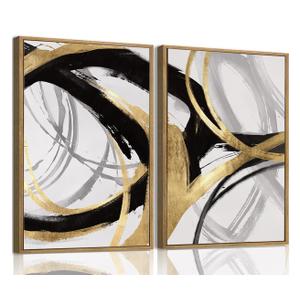 Yolbcdr Framed Wall Art Abstract Canvas Wall Art Set of 2 Black Gold Decor Pictures Modern Print Artwork for Bedroom Living Room Office 16x24 inch Framed
