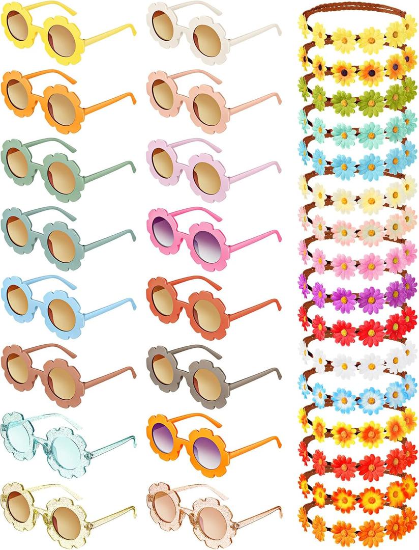 CHENGU Retro Flower Sunglasses Daisy Flower Headbands Set Groovy Party Decorations Hippie Party Favors (Bright Style, 32 Pieces)