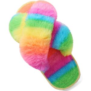 LightFun Girl's Fuzzy Fluffy Furry Slippers Fur Flip Flop Open Toe kids Slippers Cross Band Shoes Slides for Girls House Home Indoor Outdoor (4-5 Big Kid, Rainbow)