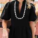 Cicy Bell Women Puff Sleeve Peplum Blouse Ruffle Vneck Summer Babydoll Tops (Black, L)