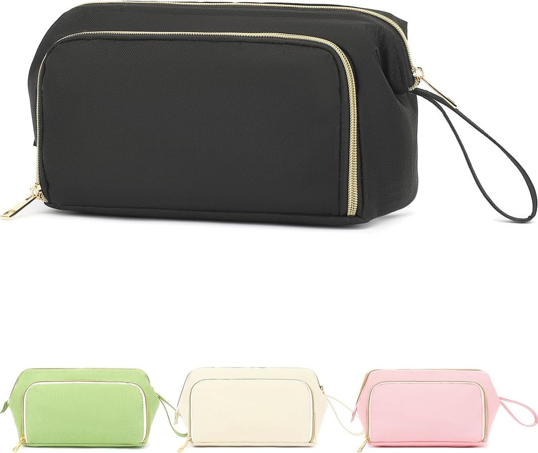 Travel Makeup Bag, Wide-open Cosmetic Bag Make Up Organizer Case with Brushes Pocket for Women, Large Family Toiletry Bag Skincare Pouch for Toiletries Accessories